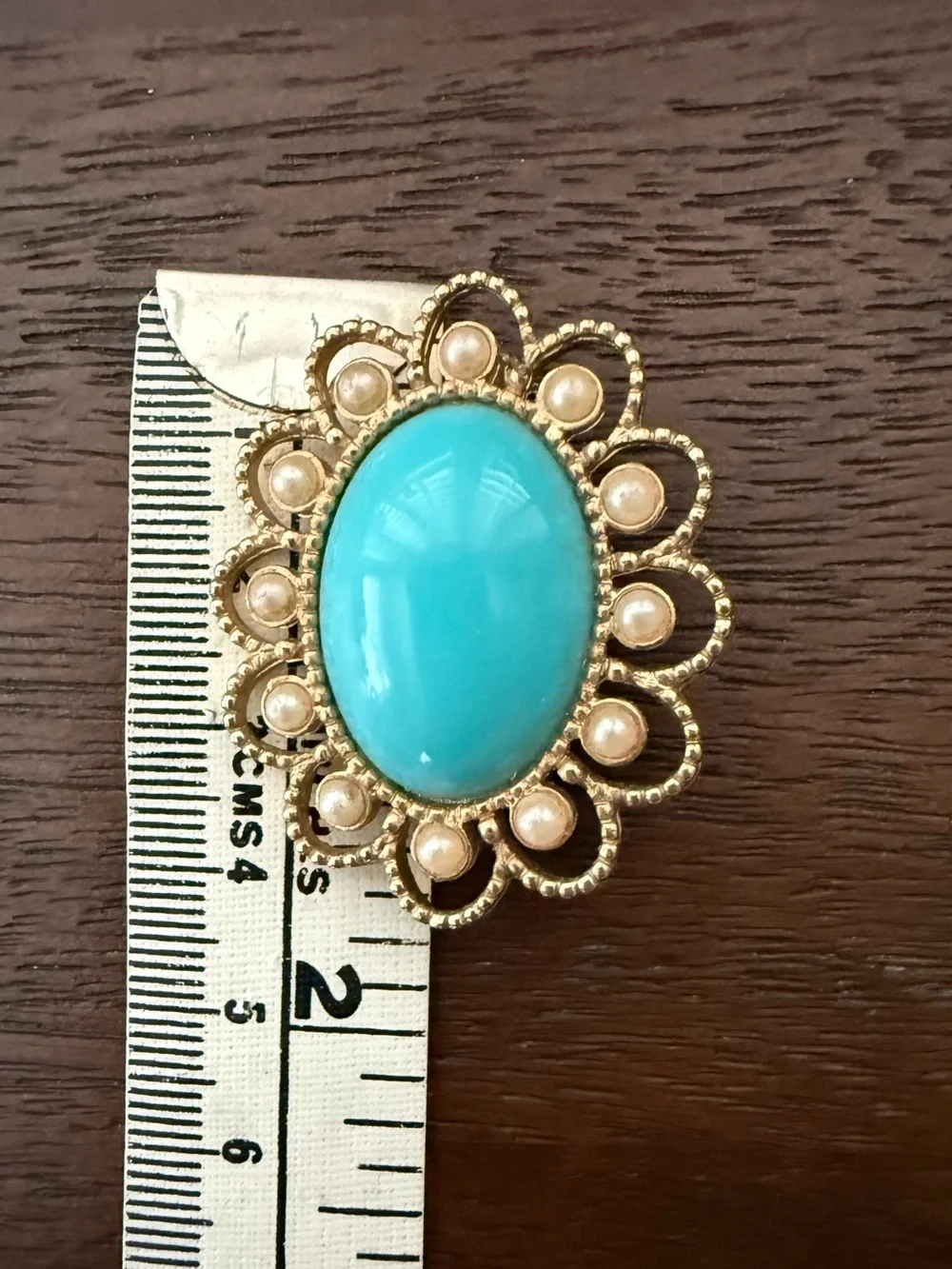 Sarah Coventry Faux Turquoise and Pearl Gold Tone Brooch Signed